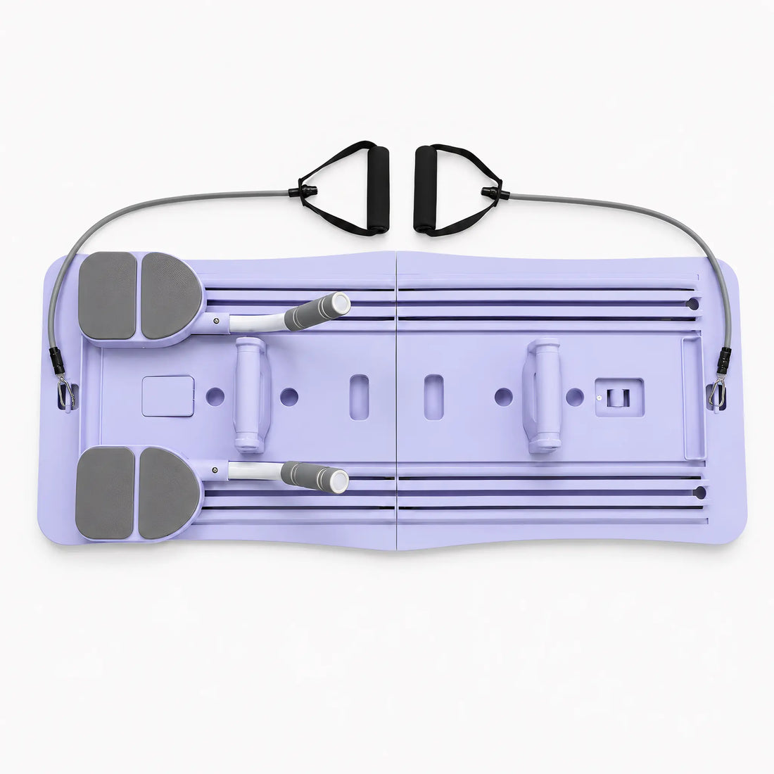 Foldable Pilates board with resistance bands and spring-assisted sliding rails on white background
