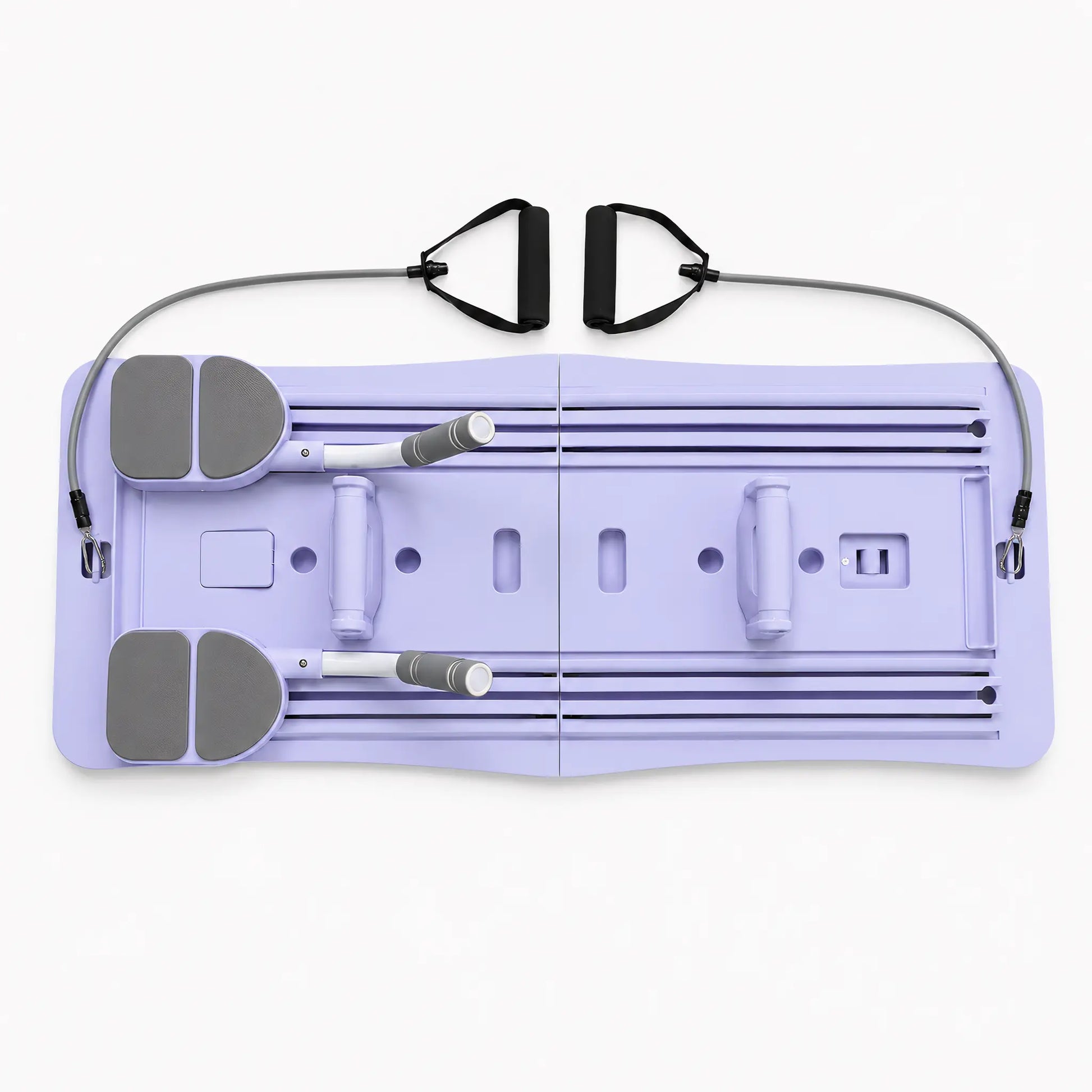 Foldable Pilates board with resistance bands and spring-assisted sliding rails on white background