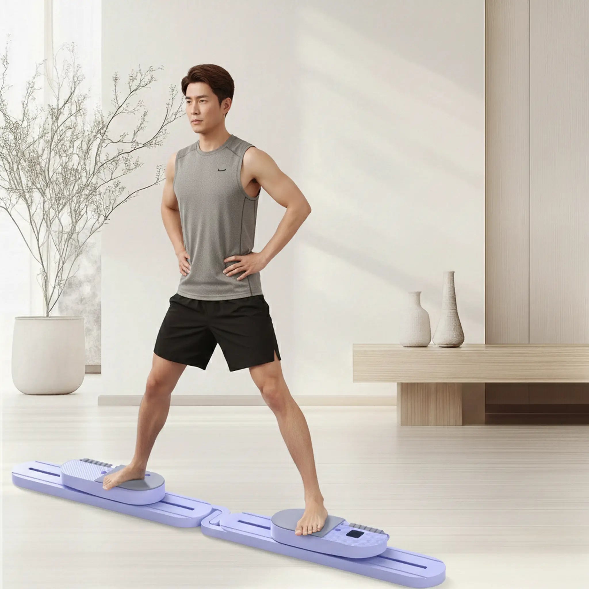 Person using a Pilates board at home for smooth side-to-side movement