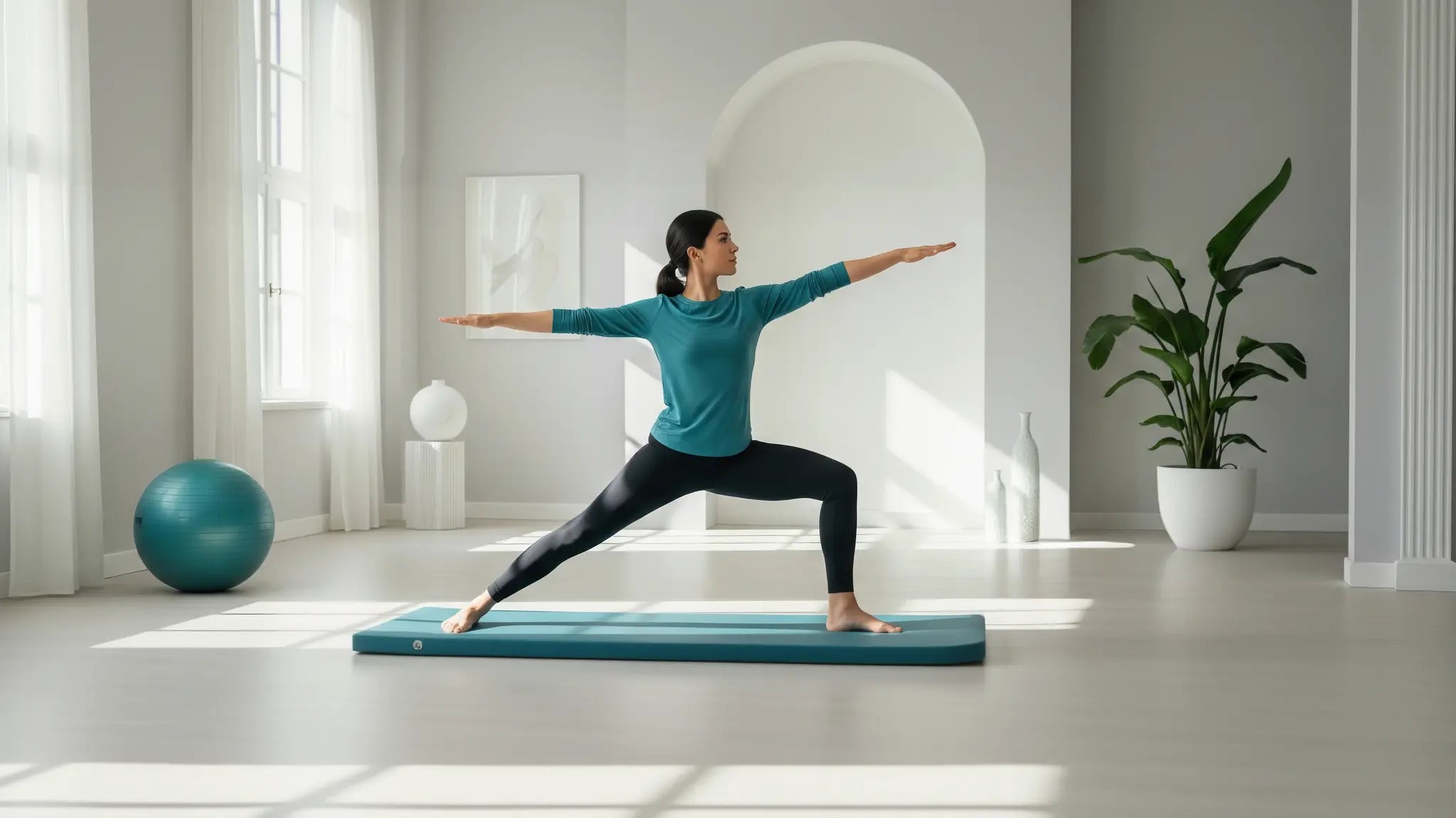 Woman practicing yoga on a mat in a bright, minimalistic room with an exercise ball.