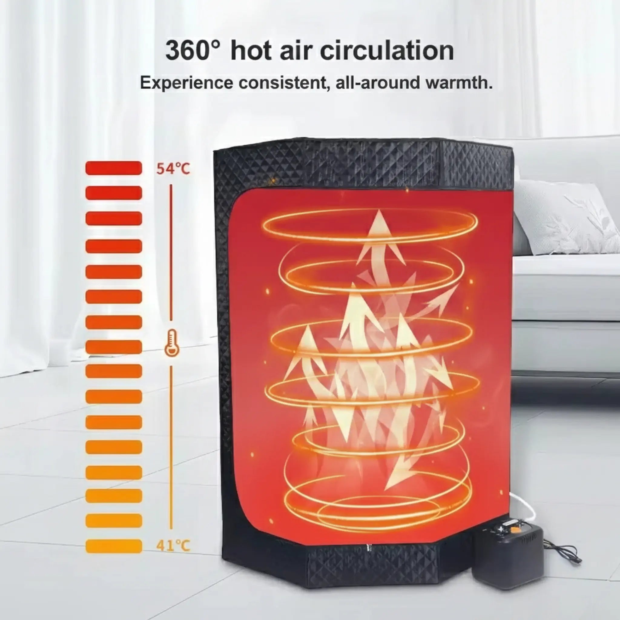 Portable sauna illustration showing 360 degree hot air circulation up to 54 degrees Celsius.