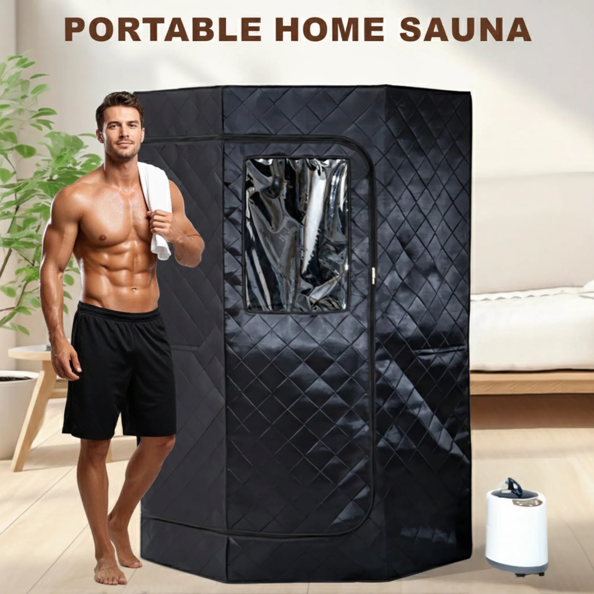 Portable home sauna with a man standing next to it, indoor setting.