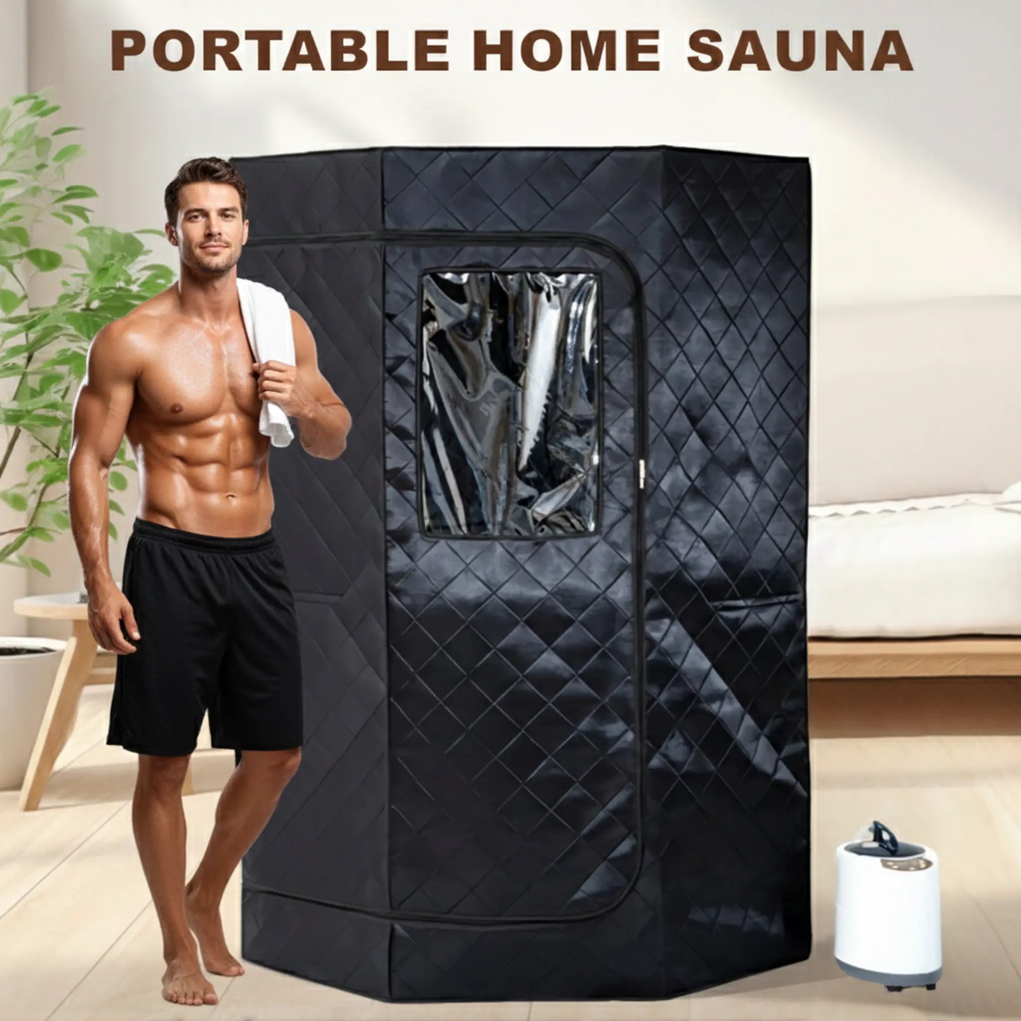 Portable home sauna with a man standing next to it, indoor setting.