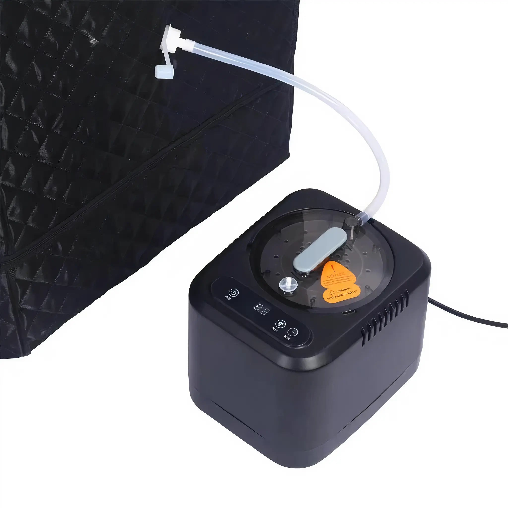 External steam generator control unit connected to portable sauna.