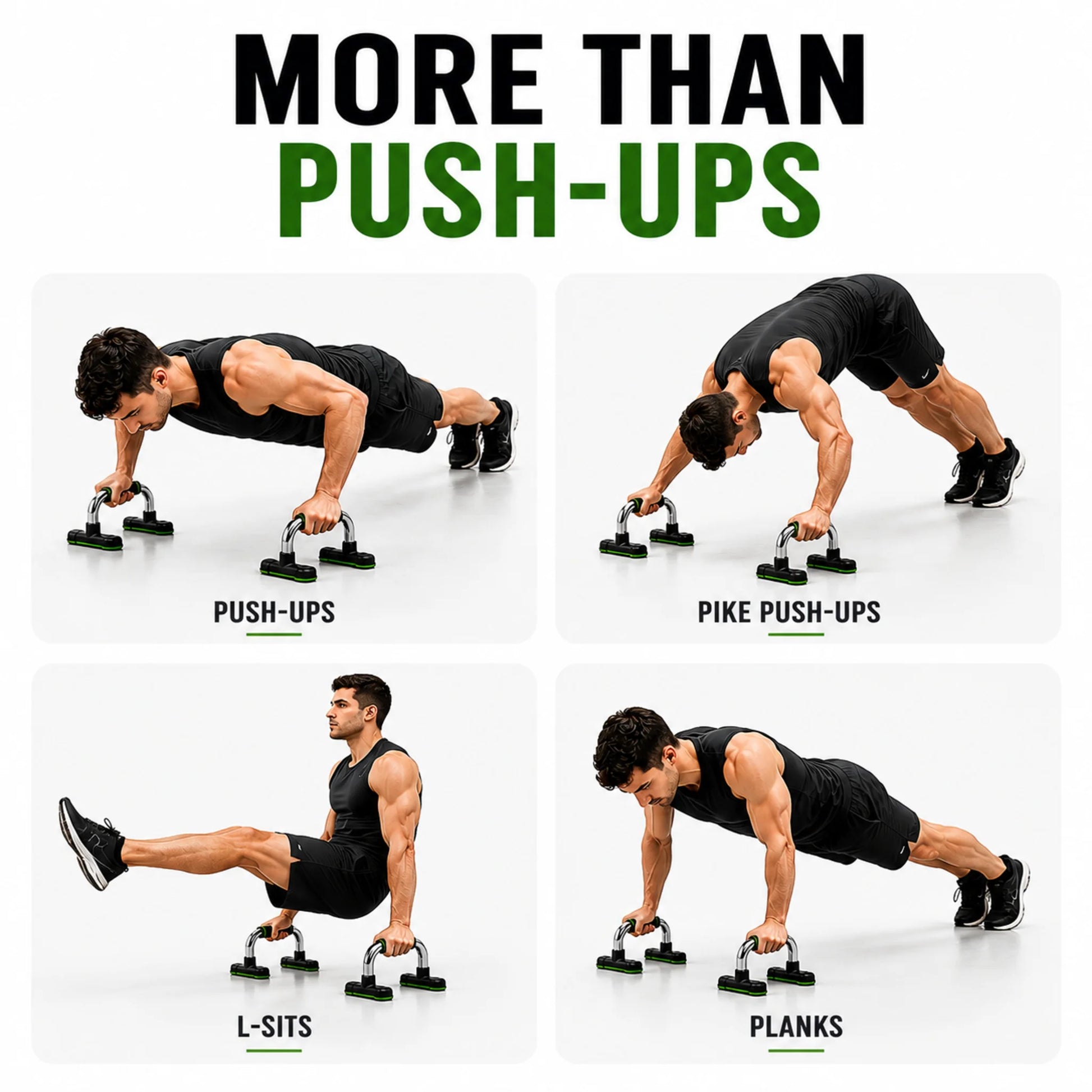 Pro Push-Up Bars used for push-ups, pike push-ups, L-sit holds and plank variations