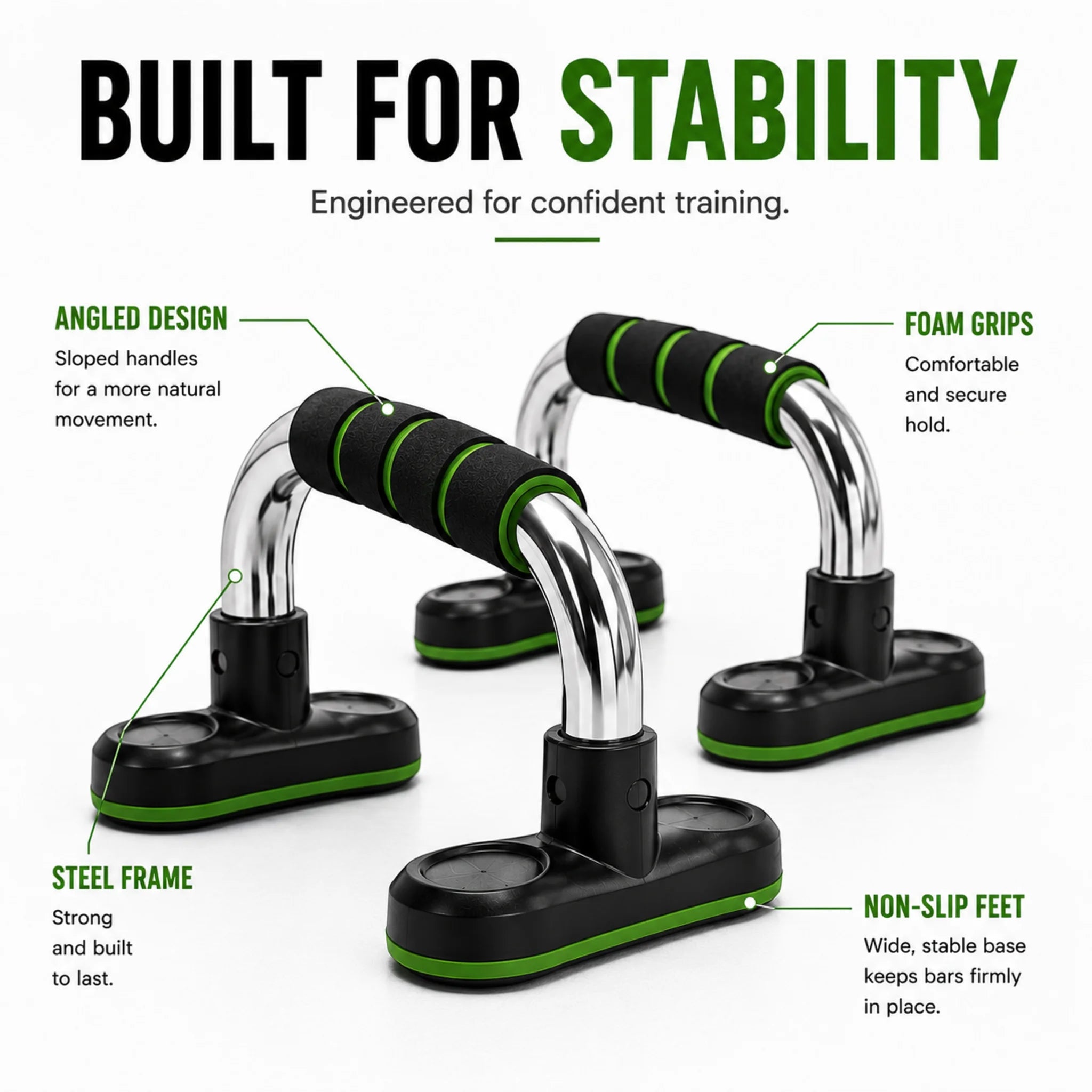 Pro Push-Up Bars showing angled handles, foam grips, steel frame and non-slip feet