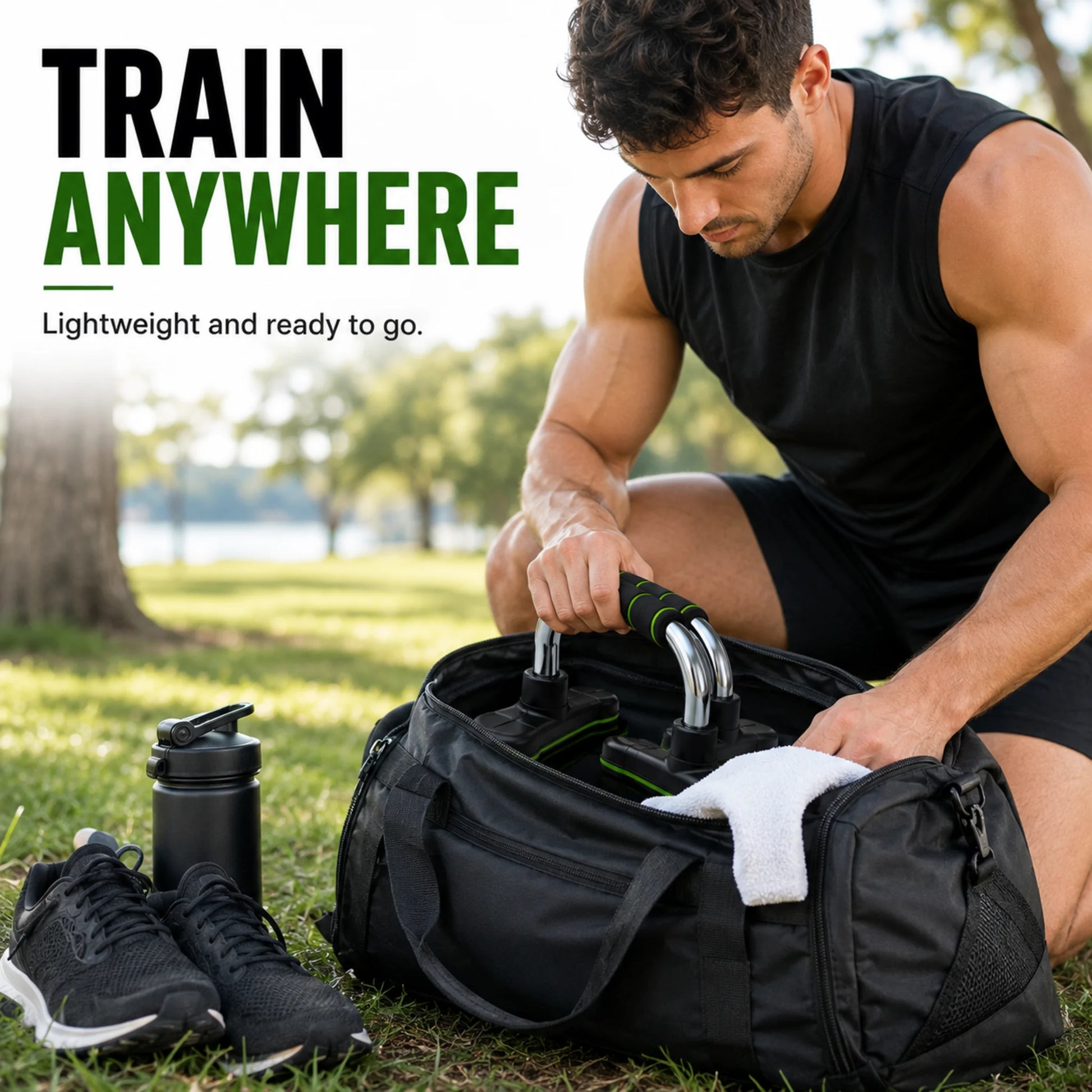 Packing Pro Push-Up Bars into a gym bag for training away from home