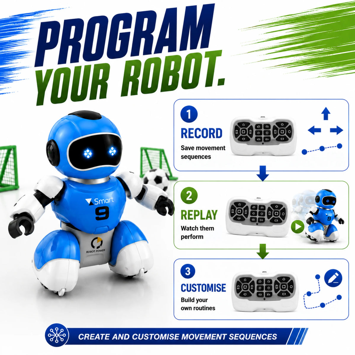 Programmable robot football game with record, replay and customise movement sequences.