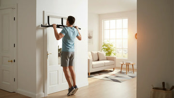 Man performing pull-ups on a doorway pull-up bar in a bright home living space