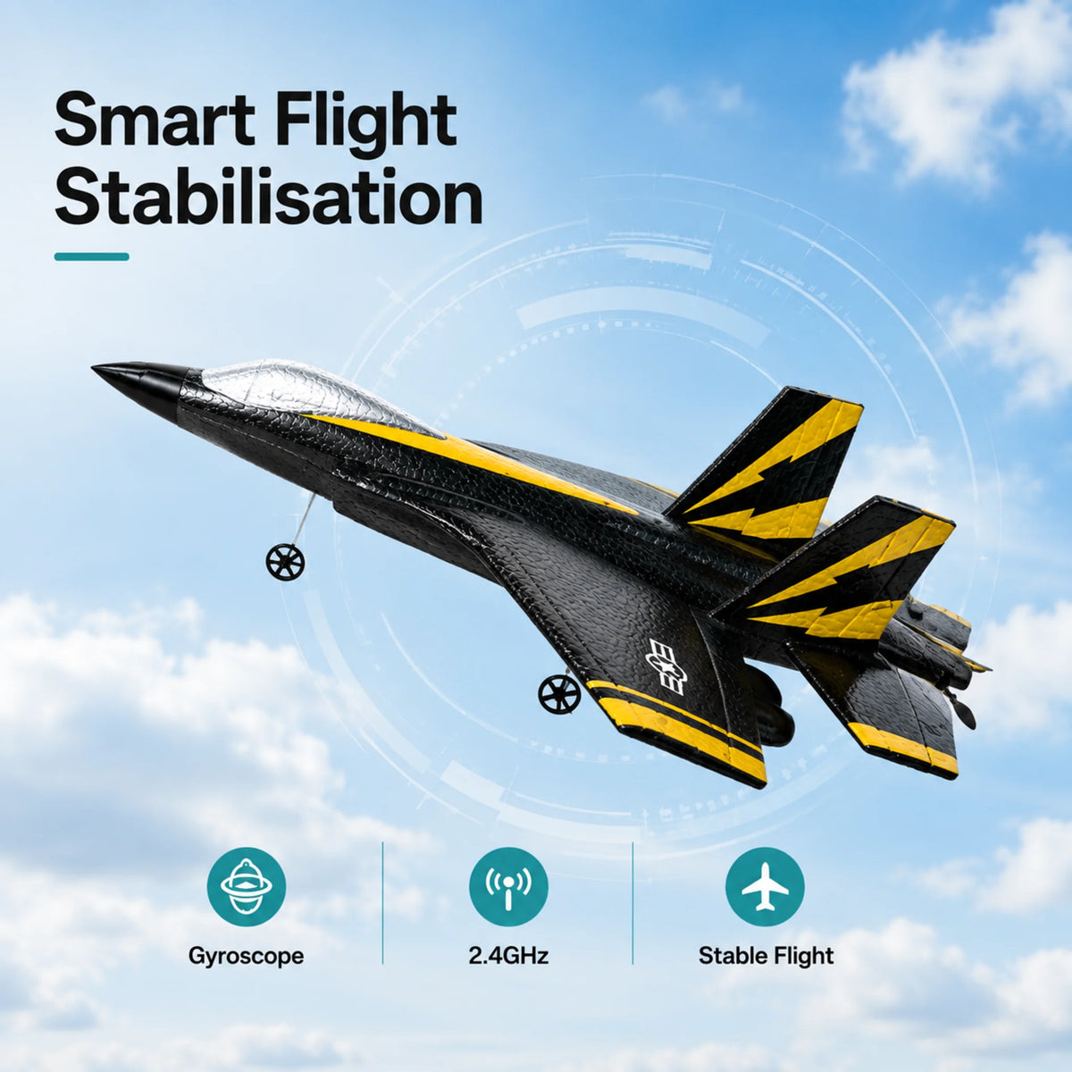 RC fighter jet with smart flight stabilisation for smooth and easy beginner-friendly flying.