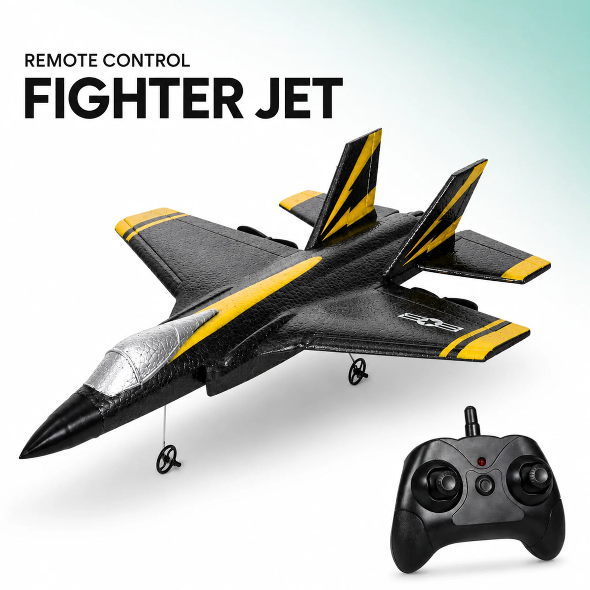 Black and yellow remote control fighter jet with 2.4GHz controller on a white background.