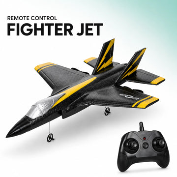 Black and yellow remote control fighter jet with 2.4GHz controller on a white background.