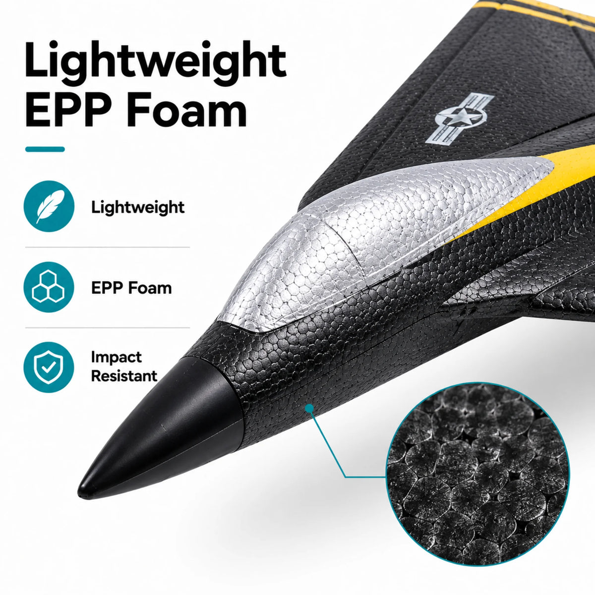 Close-up of the RC fighter jet showing lightweight EPP foam construction and textured finish.