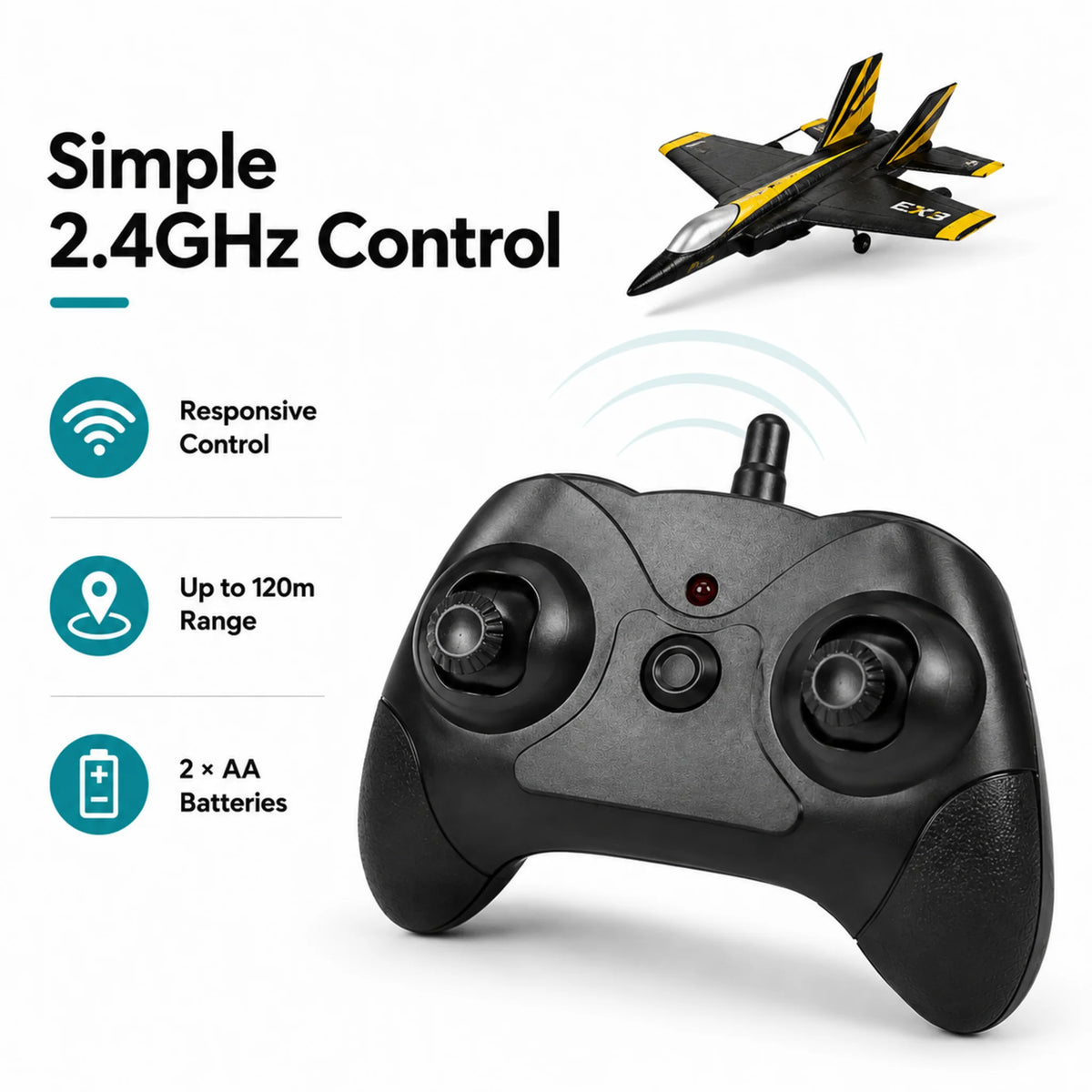 2.4GHz remote controller for the RC fighter jet with responsive controls and up to 120 metre range.