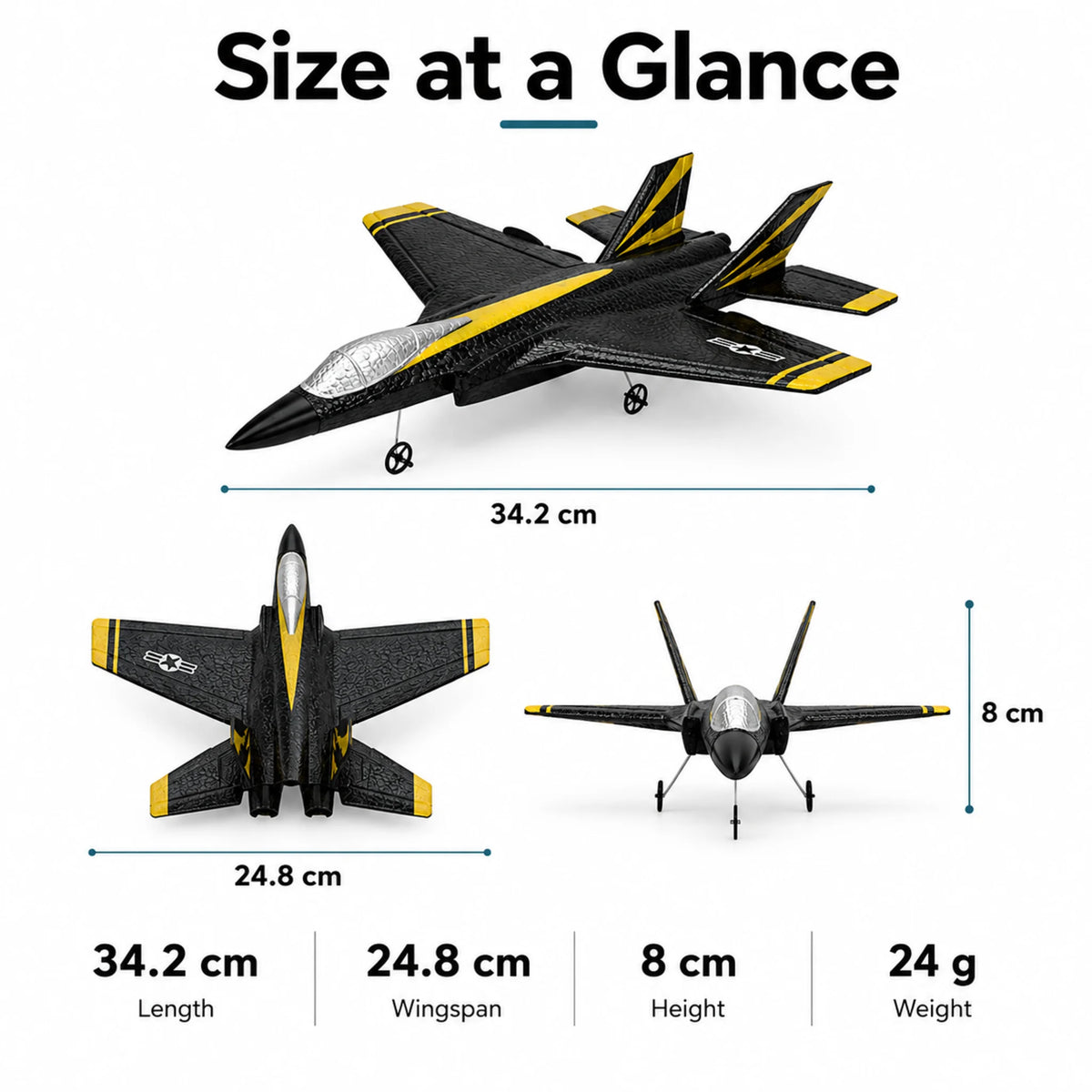 RC fighter jet dimensions showing 34.2 cm length, 24.8 cm wingspan, 8 cm height and 24 g weight.