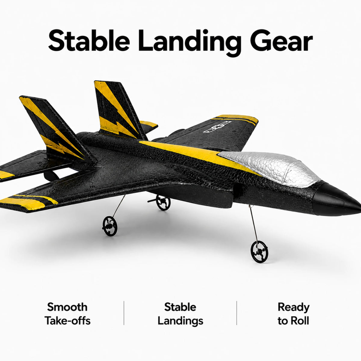 RC fighter jet with stable landing gear for smooth take-offs, stable landings and easy ground handling.