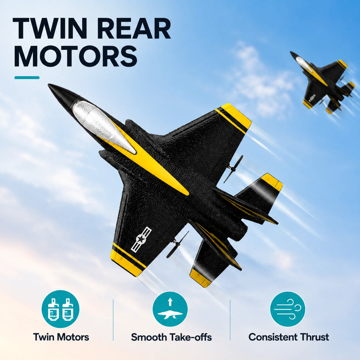 Remote control fighter jet featuring twin rear motors for smooth take-offs and consistent flight.