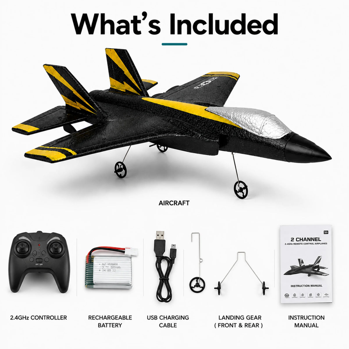 RC fighter jet package contents including aircraft, controller, rechargeable battery, USB charging cable, landing gear and instruction manual.