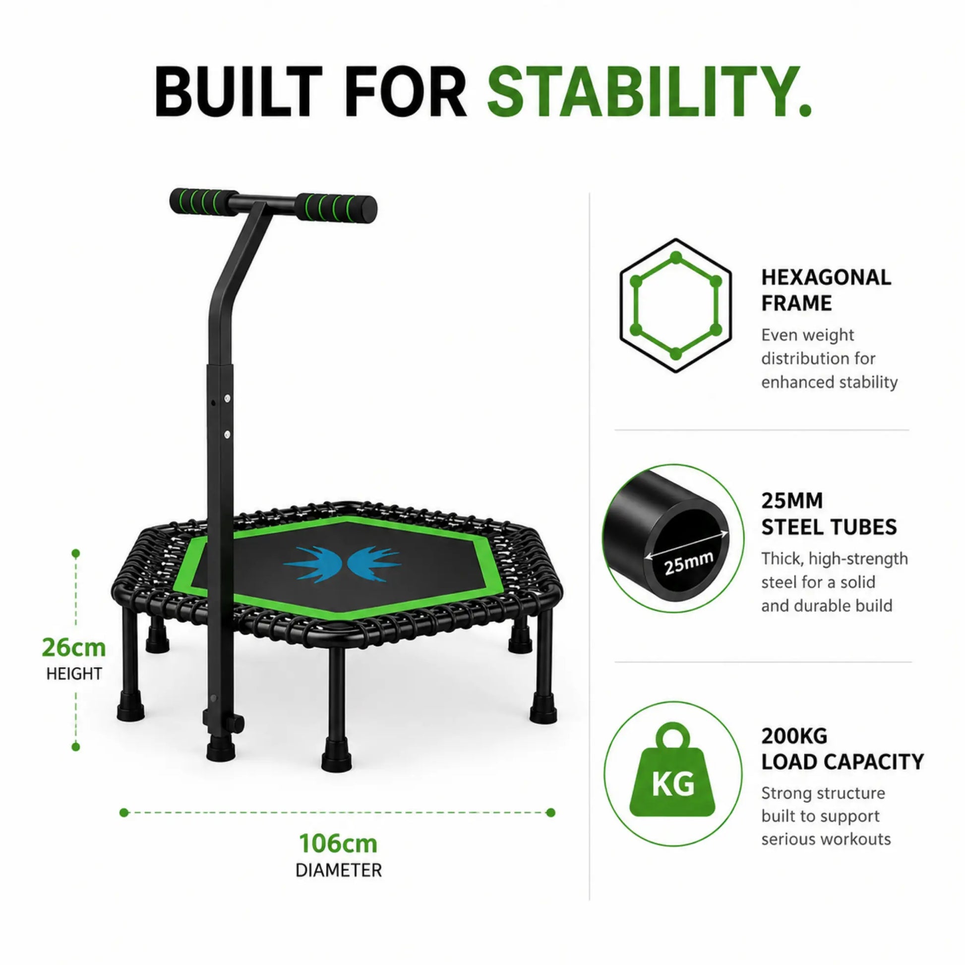 Rebounder trampoline dimensions showing 106cm width and 26cm height
