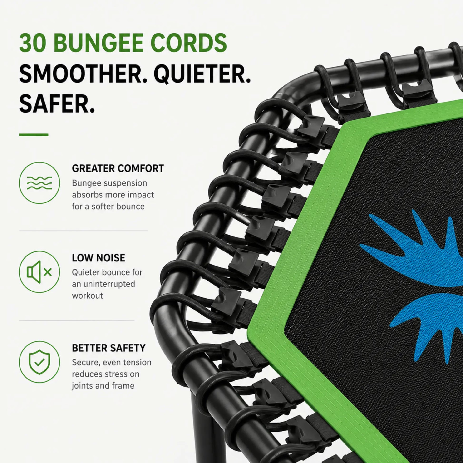 Close-up of a trampoline with a green border and blue design on a white background