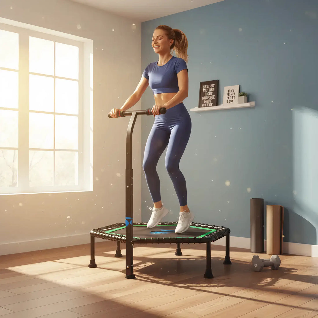 Woman using rebounder trampoline with handle in a bright home workout space
