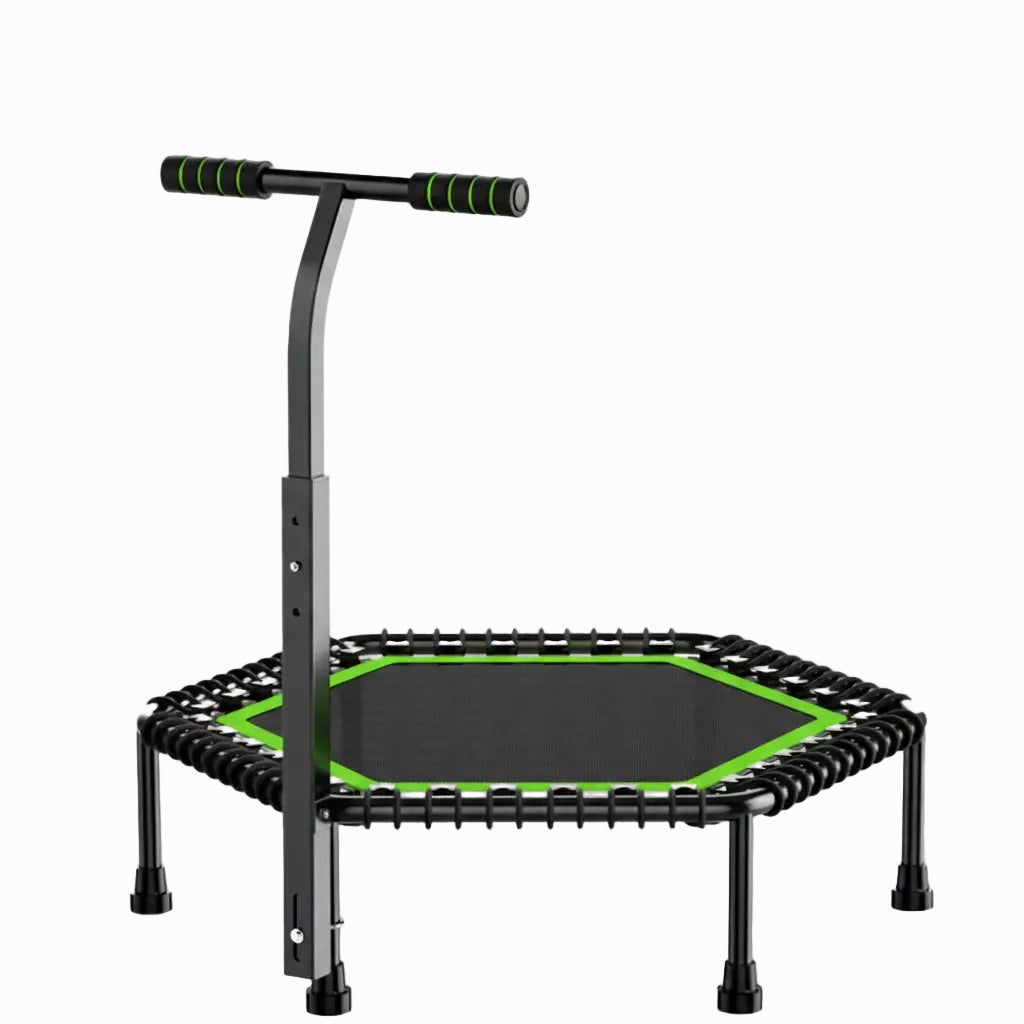 Hexagon rebounder trampoline with adjustable handle for home workouts