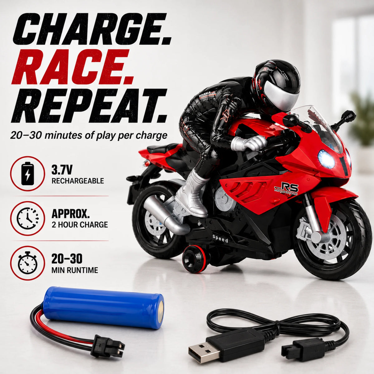 Rechargeable RC motorbike with 3.7V battery, USB charging cable and 20 to 30 minute runtime