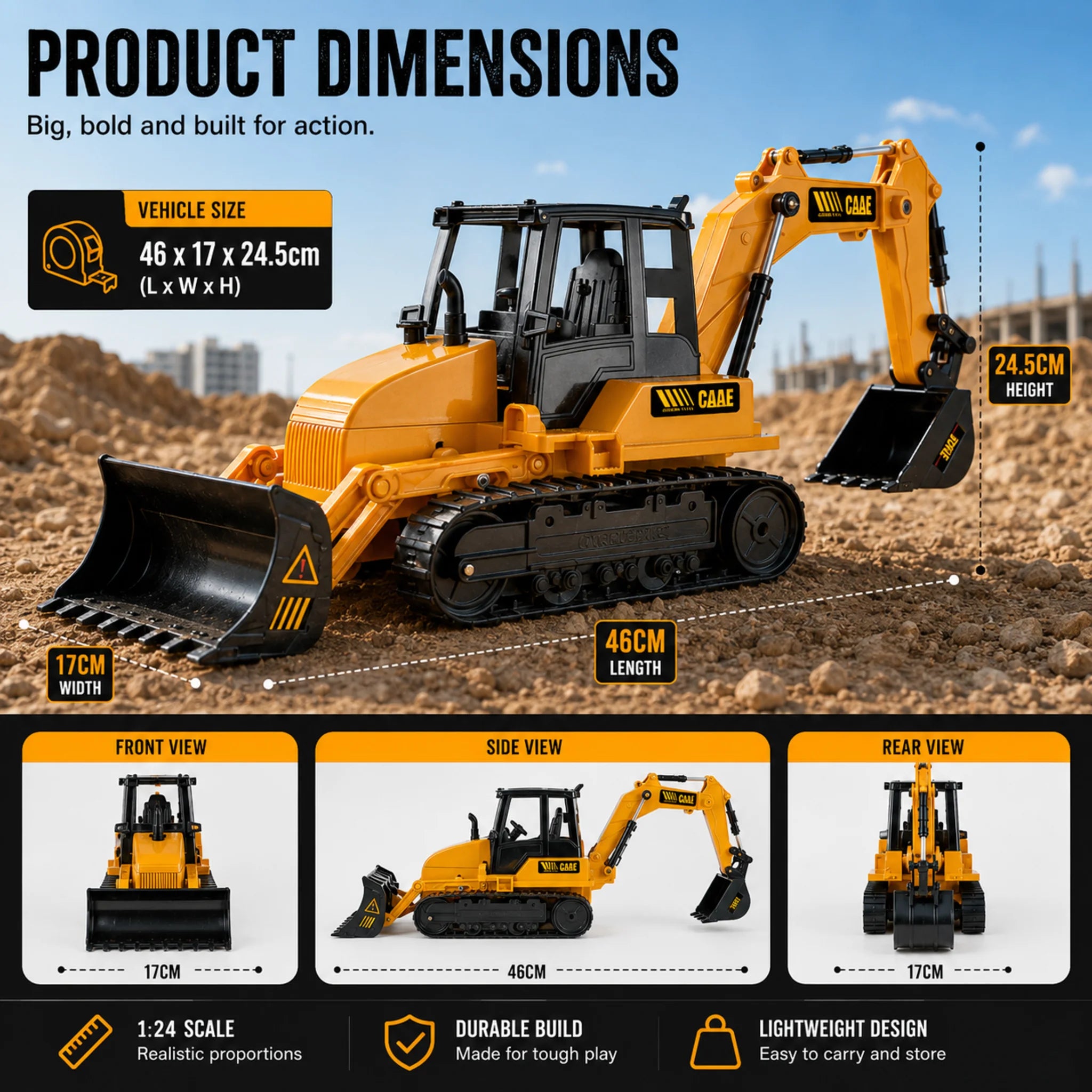 Dimensions of the Go Play remote control excavator bulldozer measuring 46 × 17 × 24.5cm