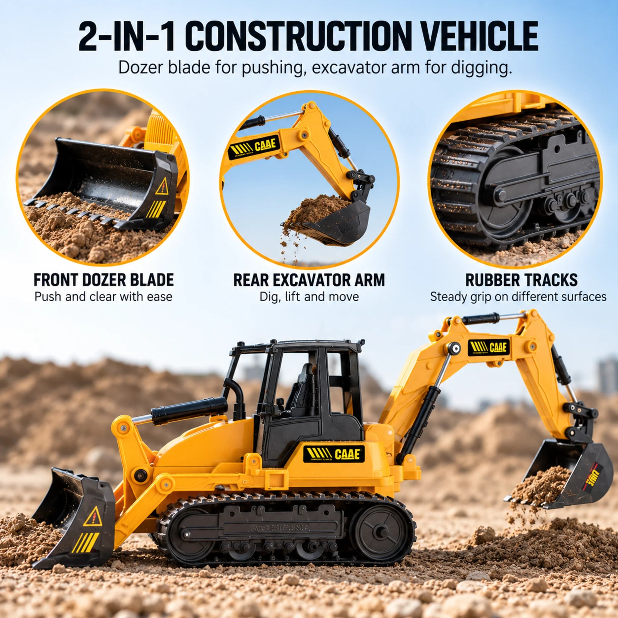 Remote control excavator bulldozer highlighting the dozer blade, excavator arm and rubber tracks