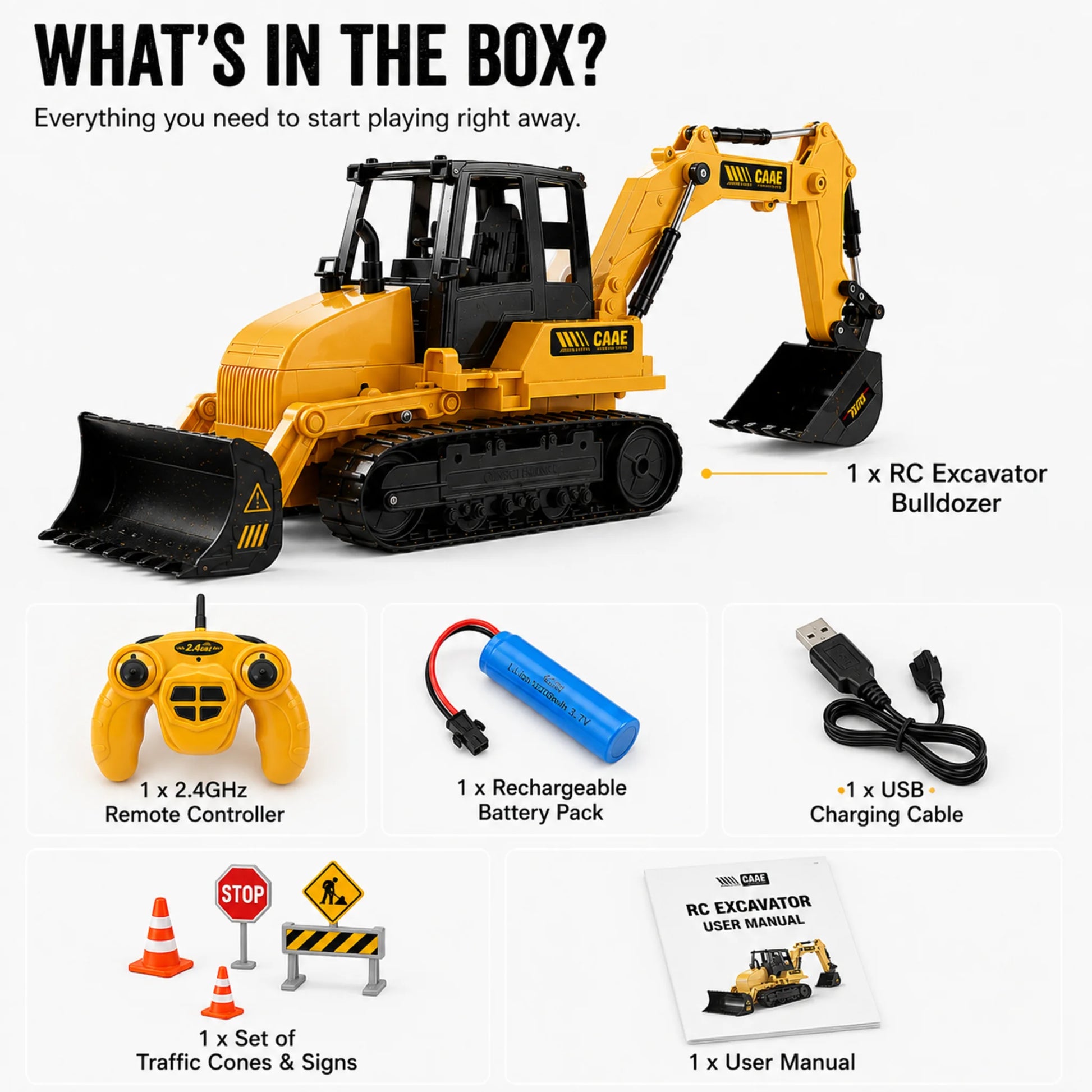 Go Play remote control excavator bulldozer with remote controller, rechargeable battery and USB charging cable included
