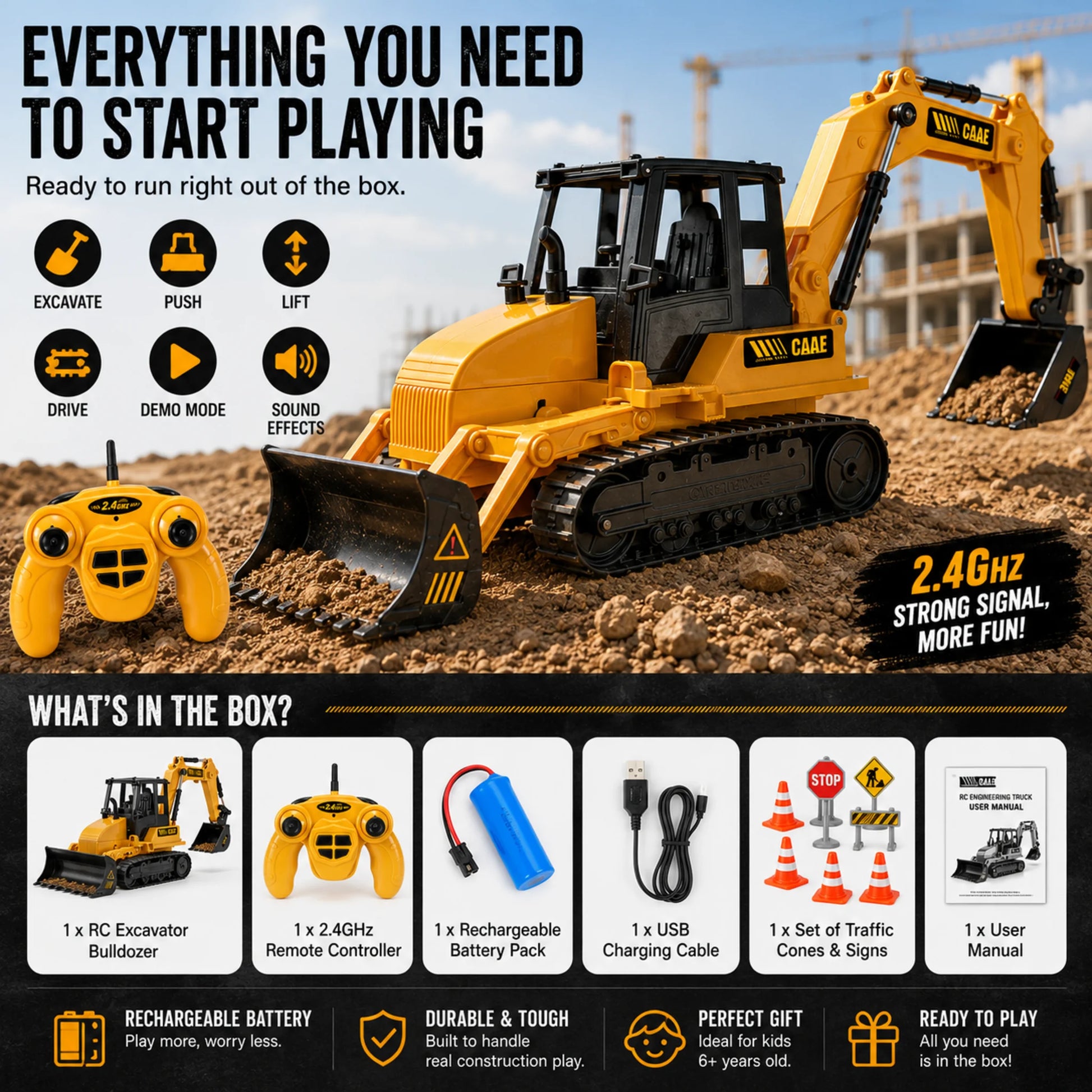 Go Play remote control excavator bulldozer driving over an earth mound outdoors