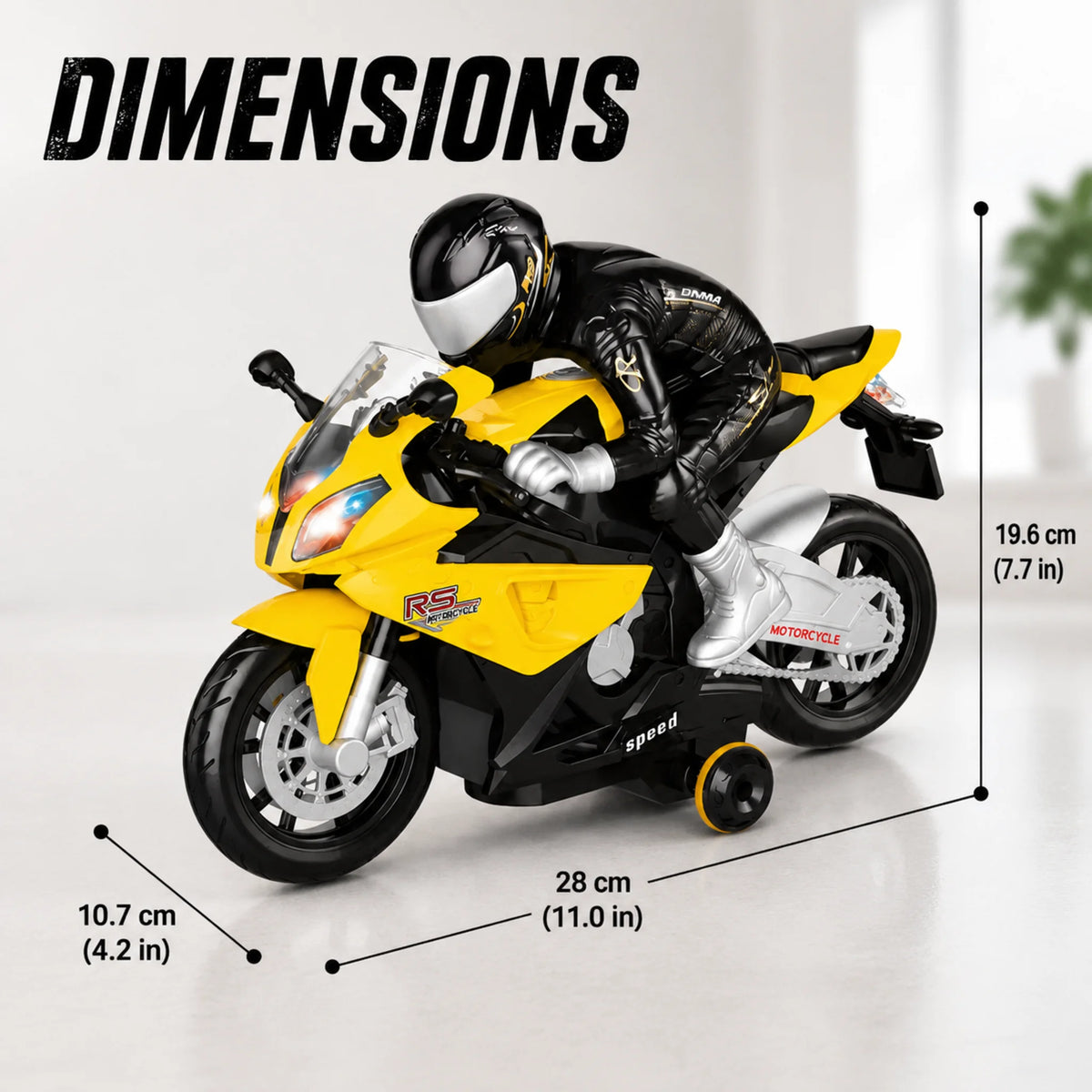 1:20 remote control motorbike measuring 28 cm long, 10.7 cm wide and 19.6 cm high