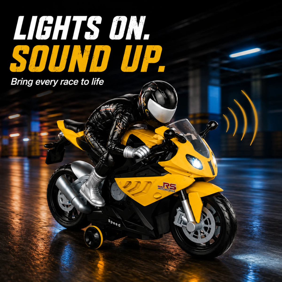 Yellow remote control motorbike with working lights and sound effects