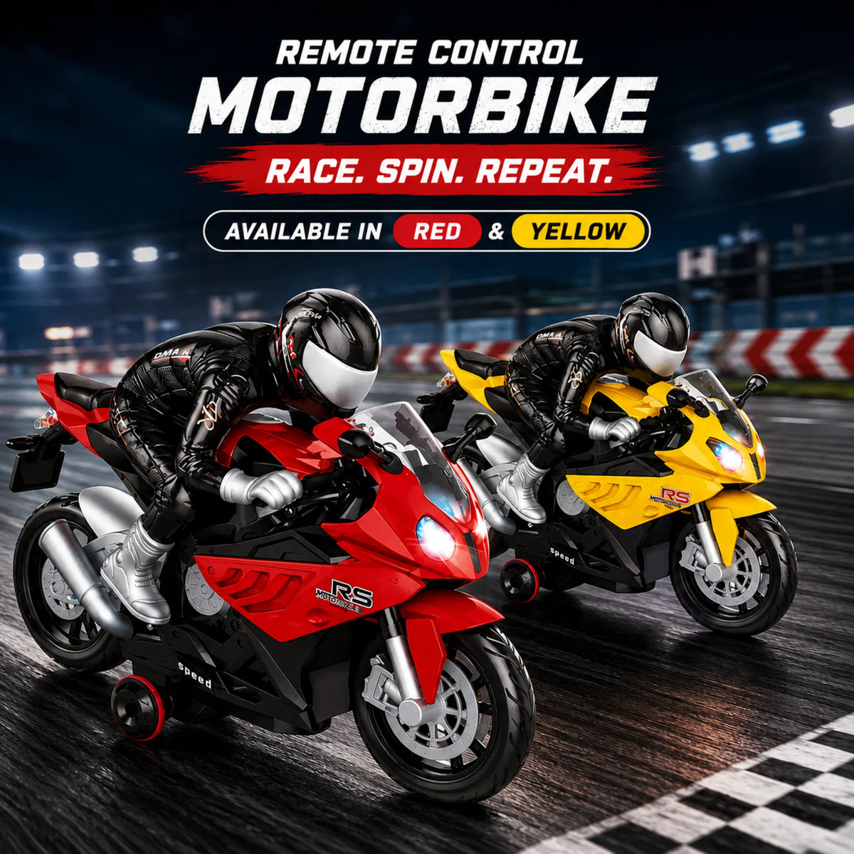 Red and yellow 1:20 remote control motorbikes with racing riders