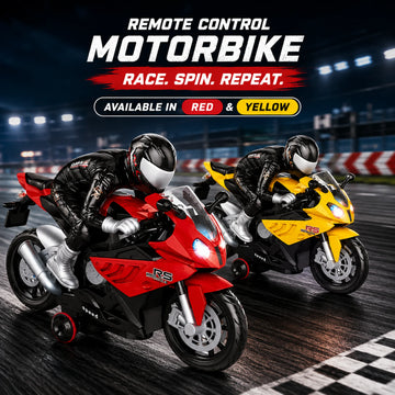 Red and yellow 1:20 remote control motorbikes with racing riders