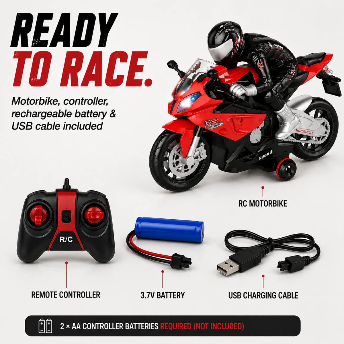 RC motorbike with remote controller, rechargeable 3.7V battery and USB charging cable