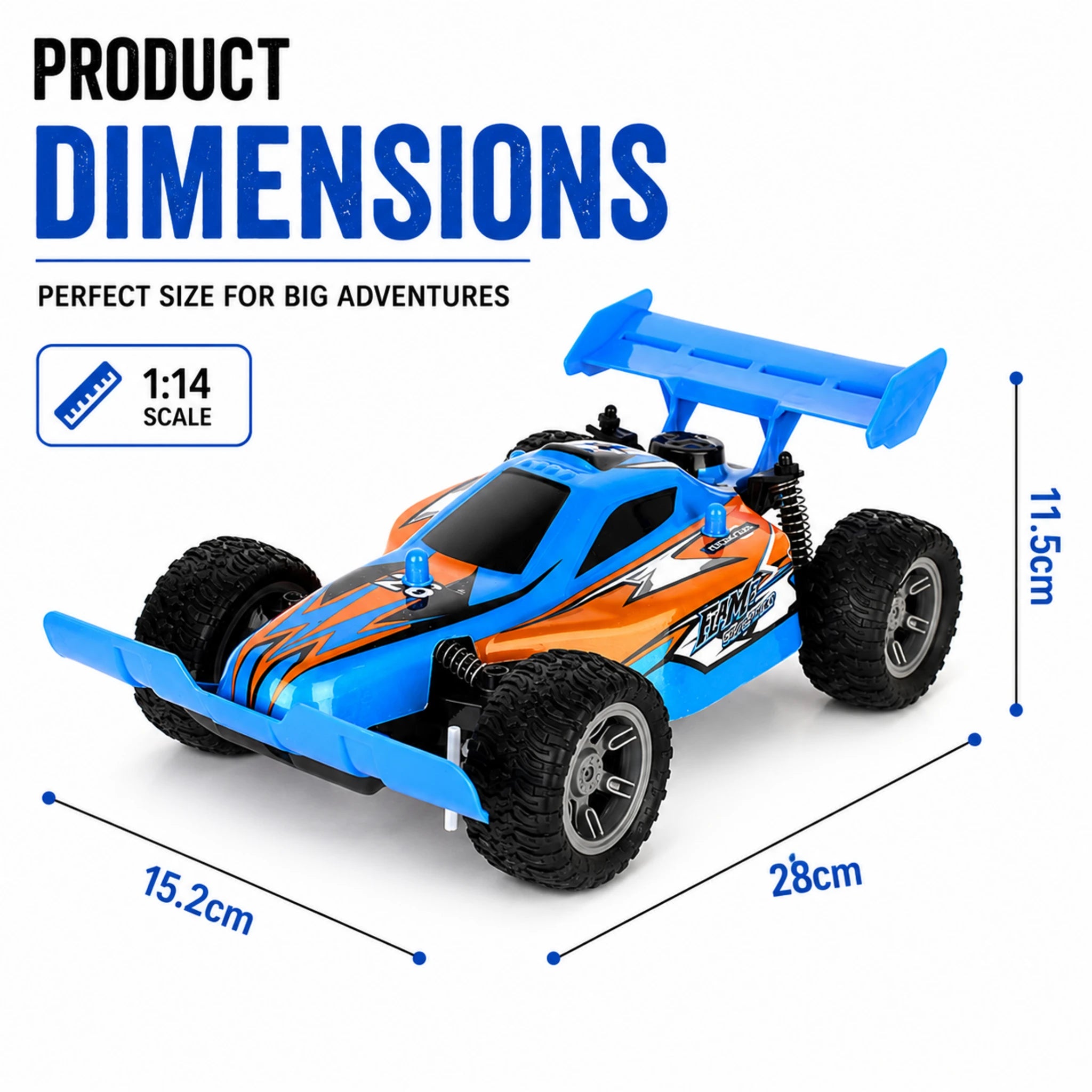 Dimensions of the Go Play Remote Control Off-Road Buggy measuring 28 × 15.2 × 11.5cm