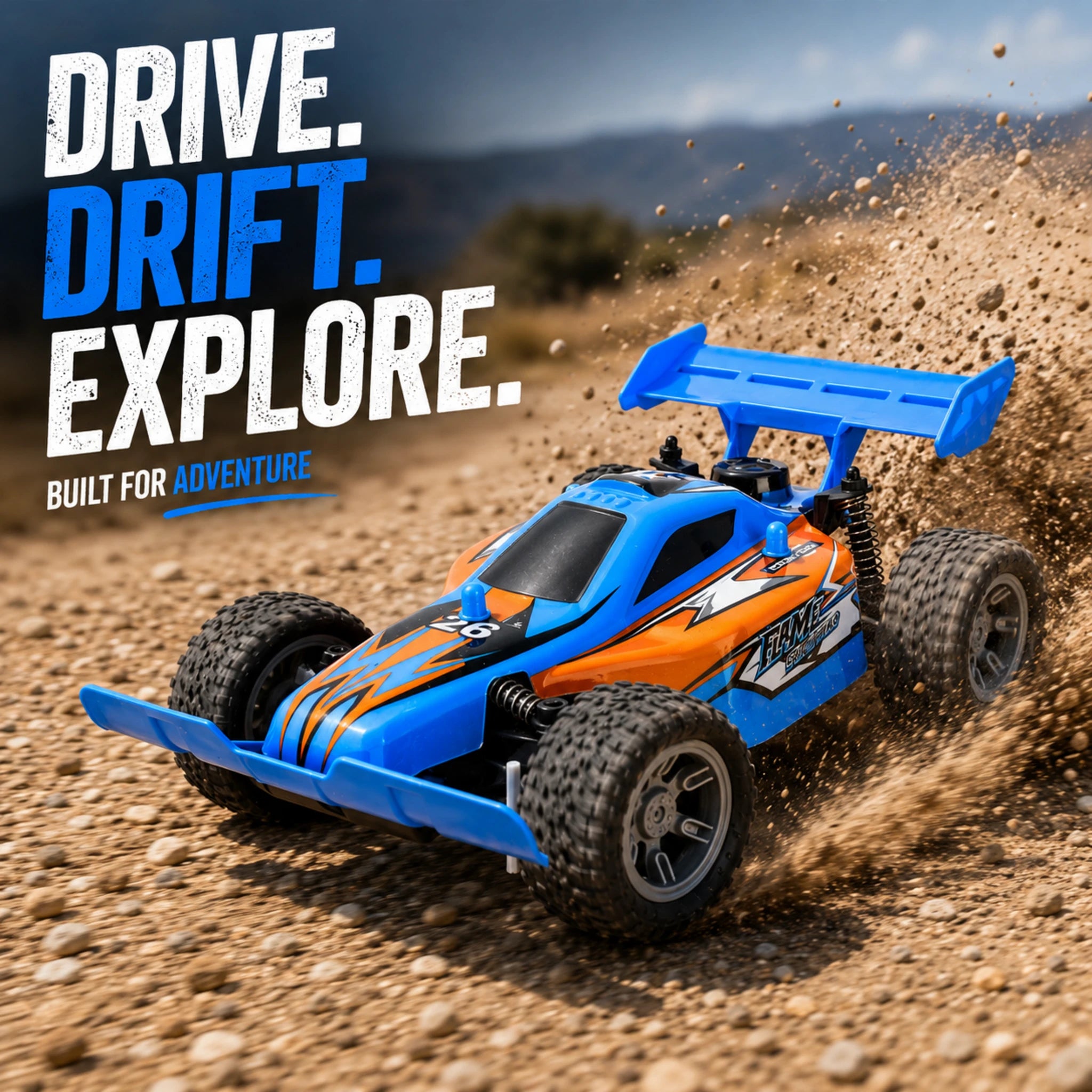 Remote Control Off-Road Buggy driving on gravel outdoors