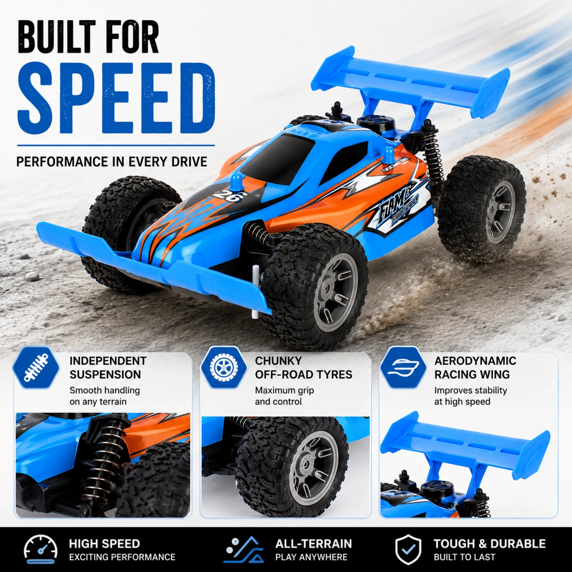 Remote Control Off-Road Buggy showing independent suspension and all-terrain tyres