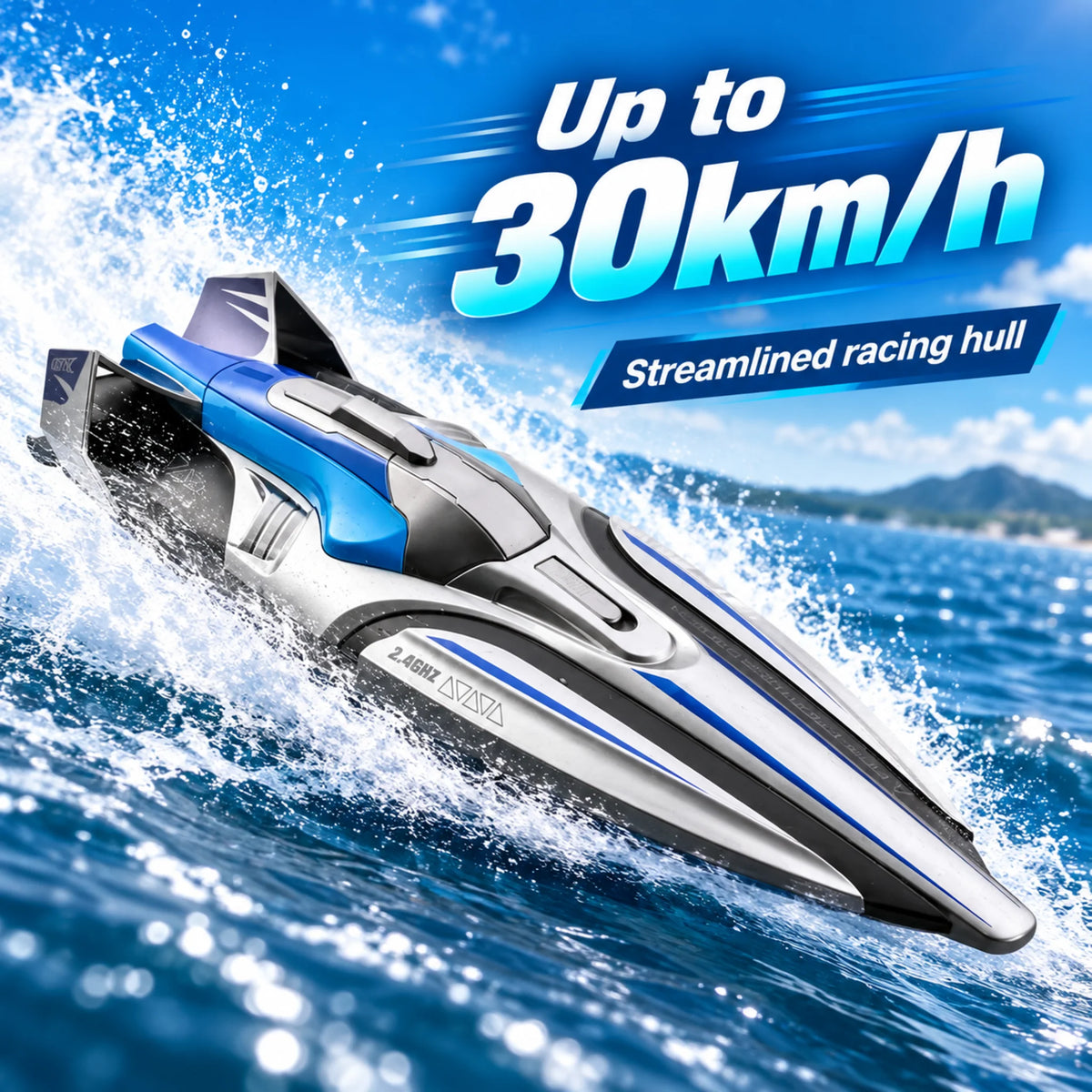 Remote control speed boat racing across water with a streamlined hull.