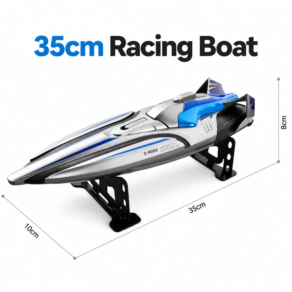 Remote control speed boat dimensions showing 35cm length, 10cm width and 8cm height.