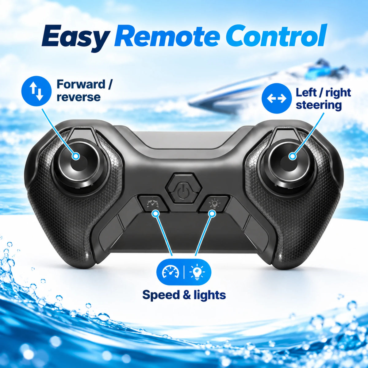 Remote control speed boat controller showing steering, speed and light controls.