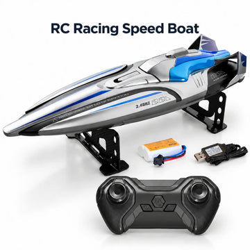 Remote control speed boat with controller, rechargeable battery and USB charging cable.