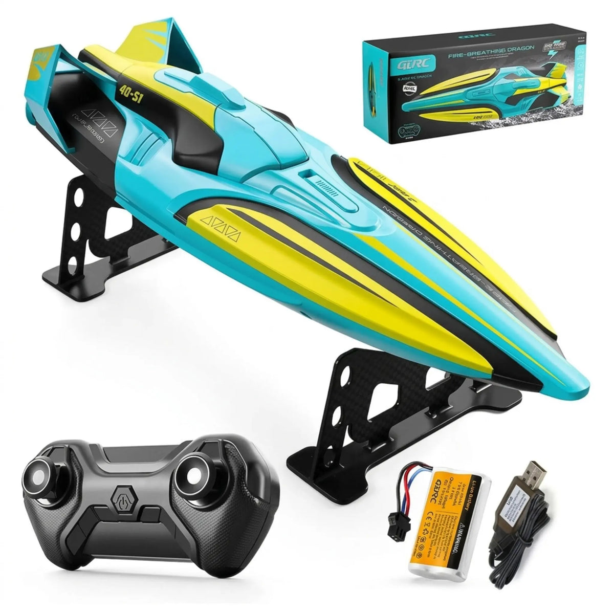 Neon aqua and yellow remote control speed boat on its display stands with controller, rechargeable battery and USB charging cable