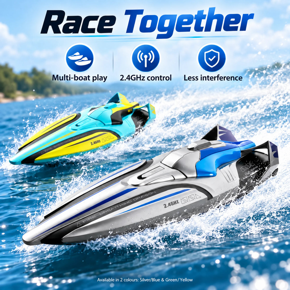 Two remote control speed boat colour variants racing together on water