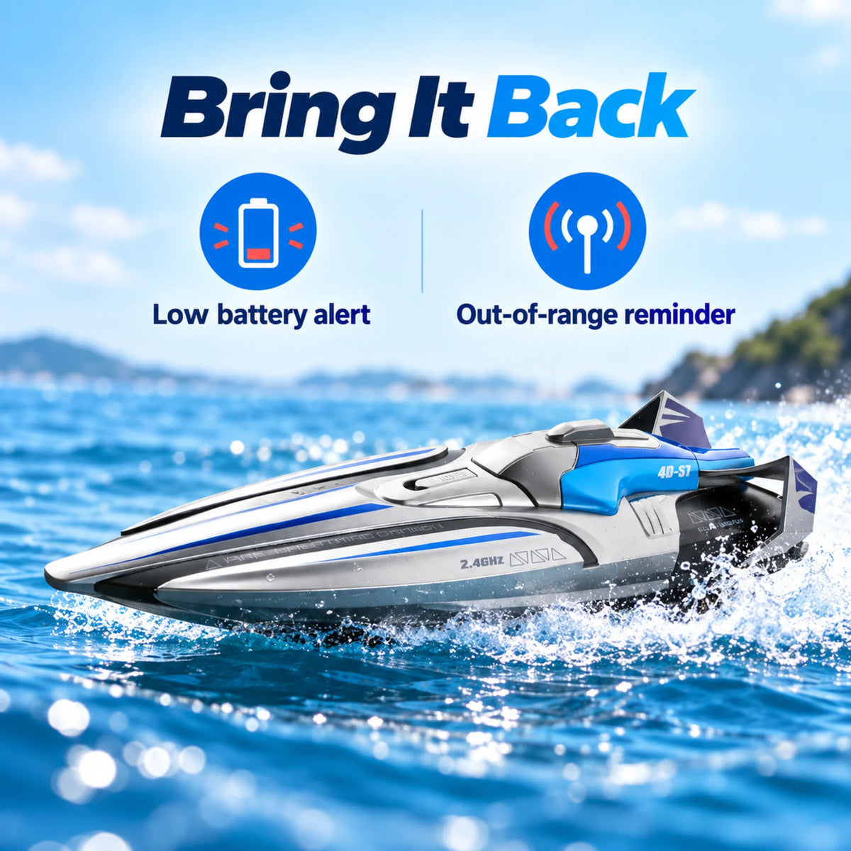 Remote control speed boat feature image showing low battery and out-of-range alerts