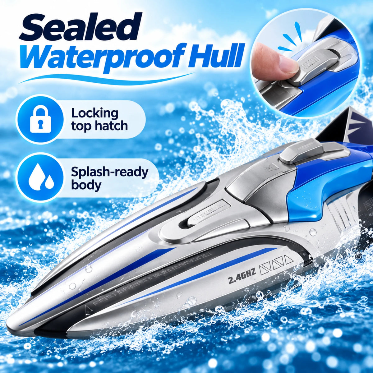 Remote control speed boat showing sealed waterproof hull and locking top hatch