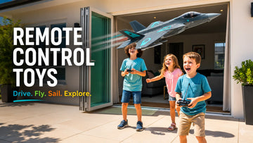 Children playing with a remote control jet in a garden with the text "Remote Control Toys – Drive. Fly. Sail. Explore.