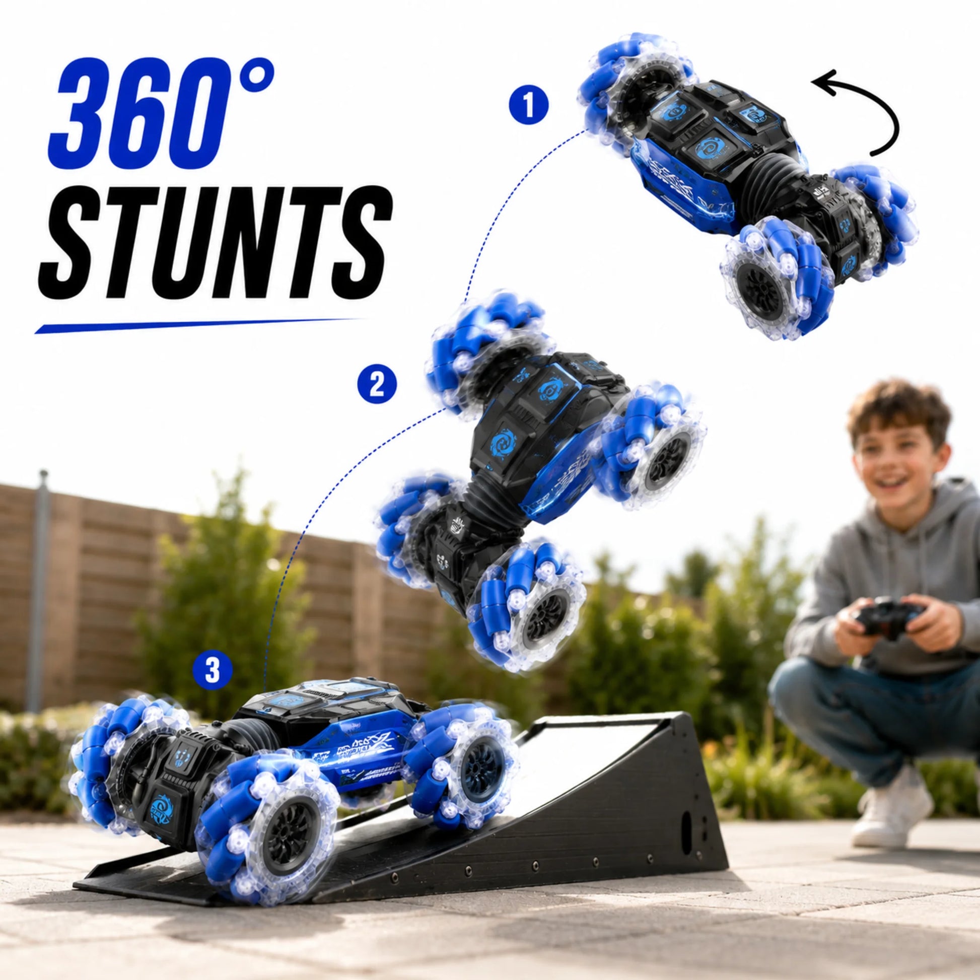 Remote control twist stunt car performing a 360-degree stunt sequence