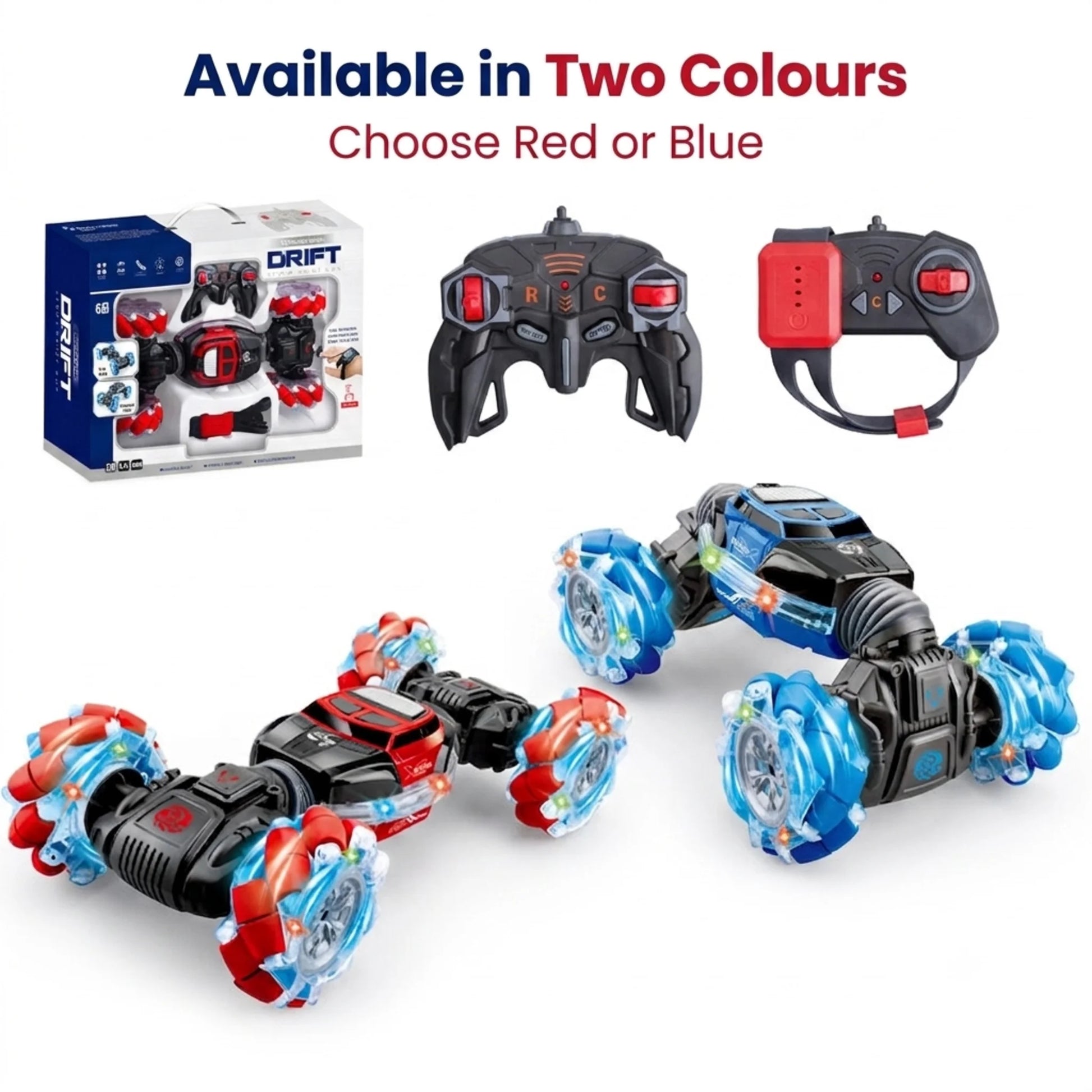 Remote control twist stunt car available in red and blue with controllers